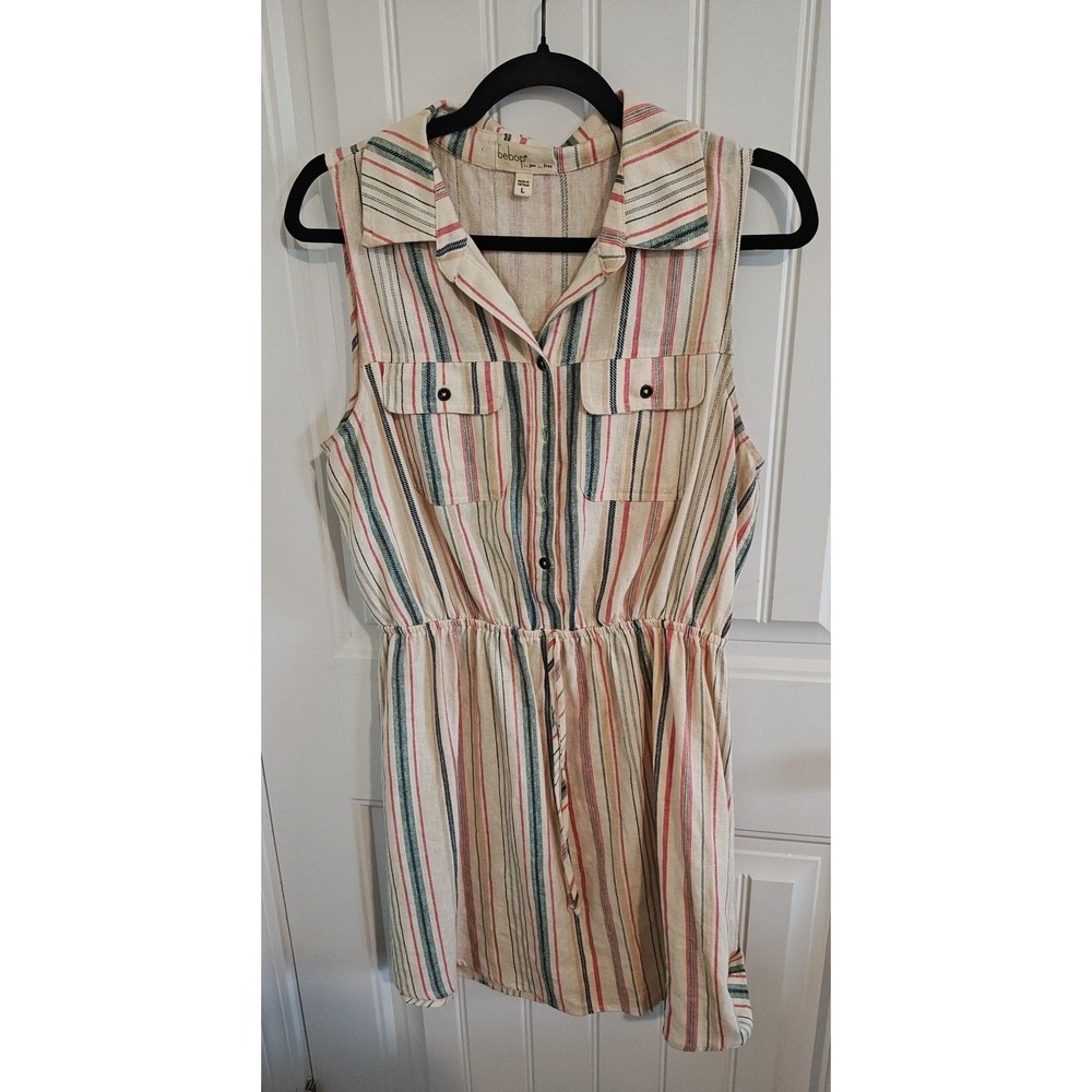 Bebop Womens Striped Sleeveless Button Down Shirt Dress Cream Blue Red Large
